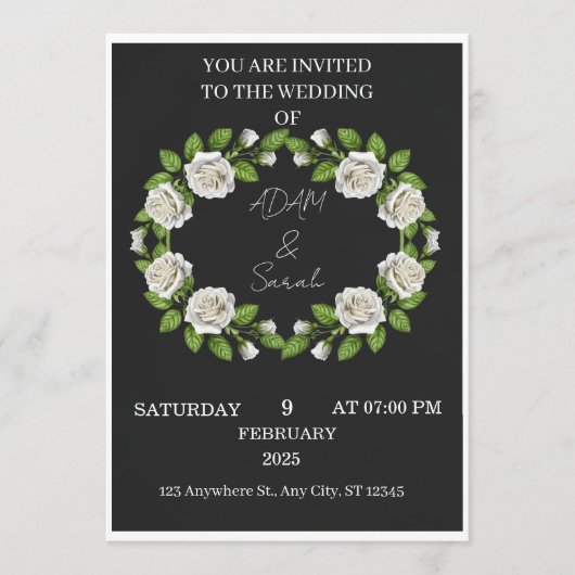 Faire-part de mariage Couronne de roses noir et bl (Devant)