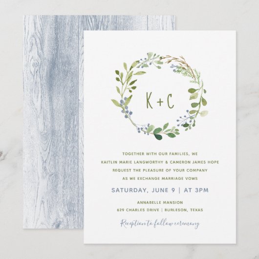 Faire-part de mariage Couronne de verdure - Bleu p (Devant / Derrière)