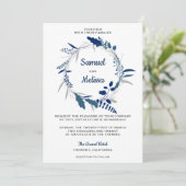 Faire-part de mariage Couronne florale bleue éléga (Debout devant)
