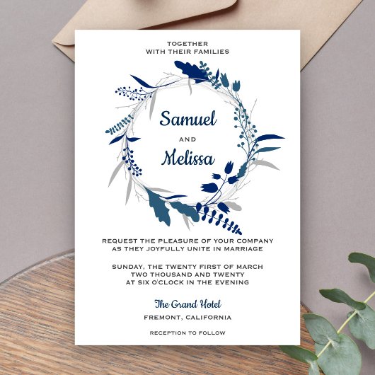 Faire-part de mariage Couronne florale bleue éléga