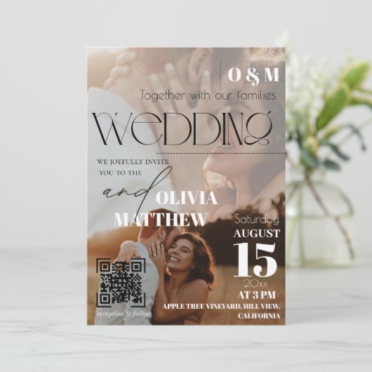 Faire-part de mariage couverture de magazine blanc (Debout devant)