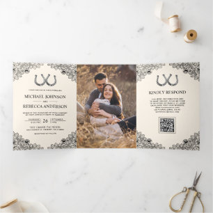 Faire-Part de Mariage Crème Ivoire QR Code Lacet d