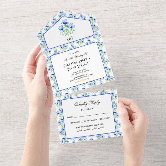 Faire-part de mariage Crocus bleus Blanc Tout en U (Déchirure)