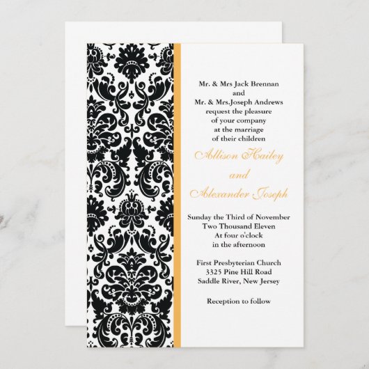 Faire-part de mariage d'accent jaune doré damassé (Devant / Derrière)