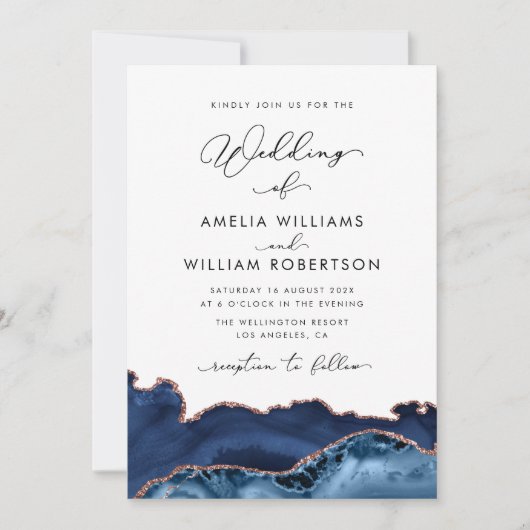 faire-part de mariage d'agate d'or marine et rose (Devant)