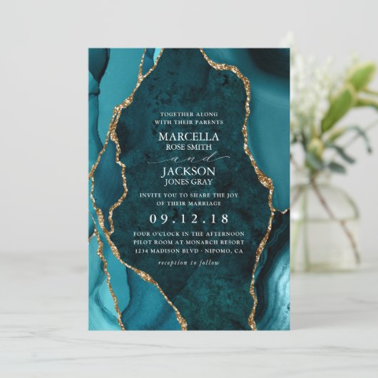 Faire-part de mariage d'Agate en marbre turquoise  (Debout devant)