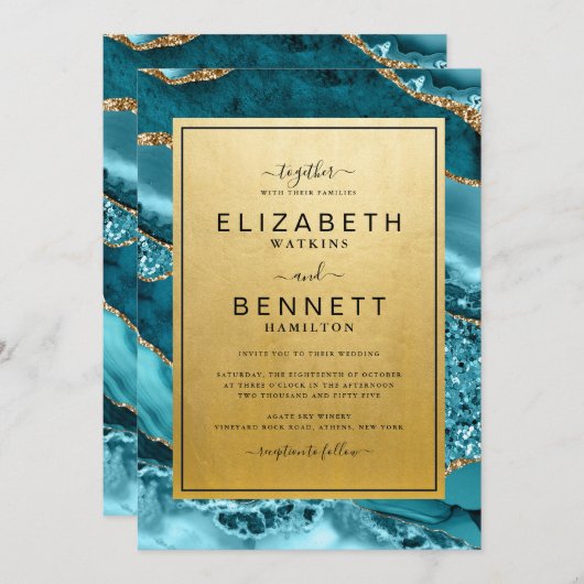 Faire-part de mariage d'Agate Turquoise Or Chic (Devant / Derrière)
