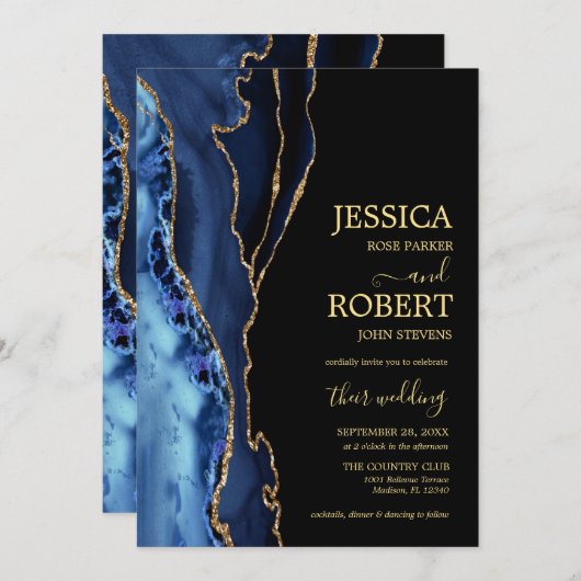 Faire-part de mariage d'âge en or bleu marine (Devant / Derrière)