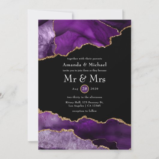 Faire-part de mariage d'âge mauve et or (Devant)