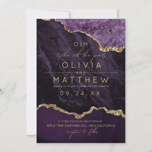 Faire-part de mariage d'âge violet et or (Devant)