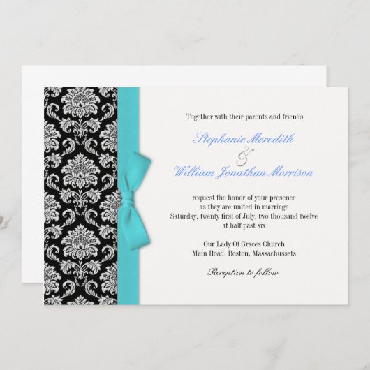 Faire-part de mariage Damas Blue Bow (Devant / Derrière)