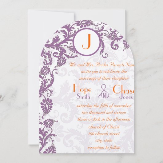 Faire-part de mariage damassé à monogramme Orange (Devant)