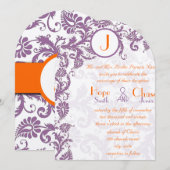 Faire-part de mariage damassé à monogramme Orange (Devant / Derrière)
