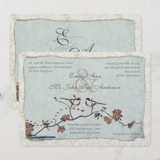 Faire-part de mariage damassé Cinnamon et Blue Lov (Devant / Derrière)