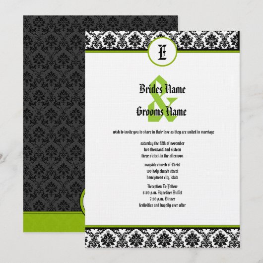 Faire-part de mariage damassé Renaissance Vert & N (Devant / Derrière)