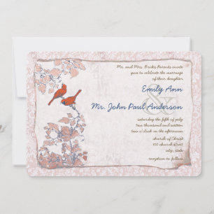 Faire-part de mariage damassé vintage oiseaux rose