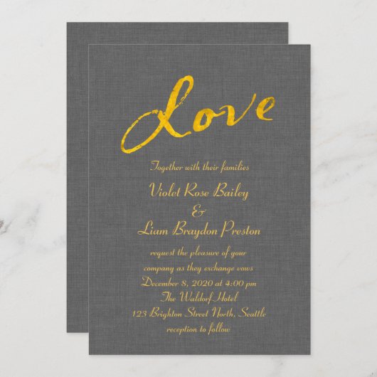 Faire-part de mariage d'amour sur lin gris (Devant / Derrière)