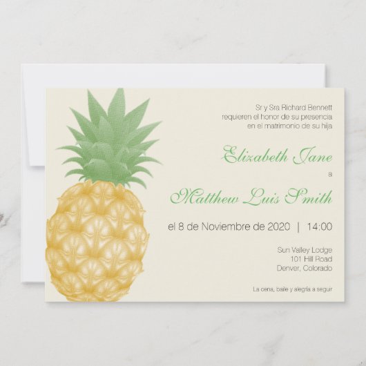 Faire-part de mariage d'ananas tropical bilingue (Dos)