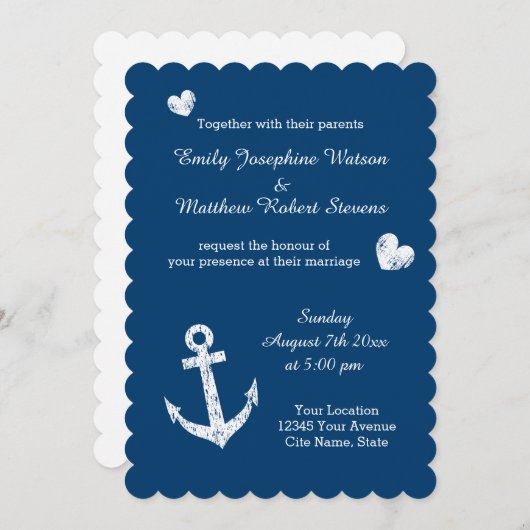 Faire-part de mariage d'ancrage bleu marine (Devant / Derrière)