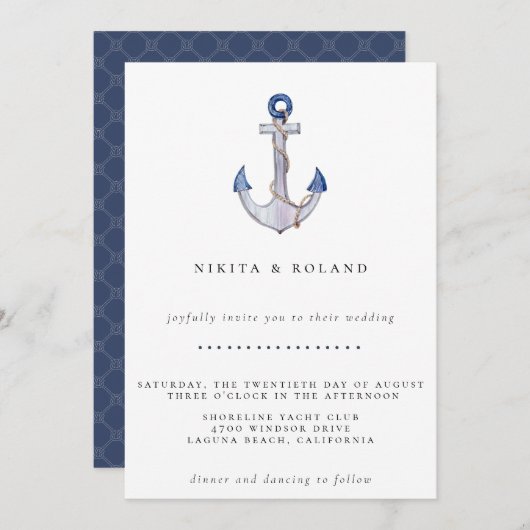 Faire-part de mariage d'Ancre aquarelle ropée (Devant / Derrière)