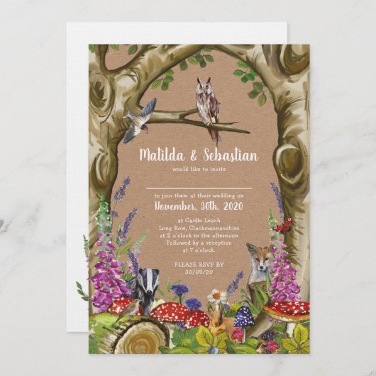 Faire-part de mariage d'animaux des bois (Devant / Derrière)