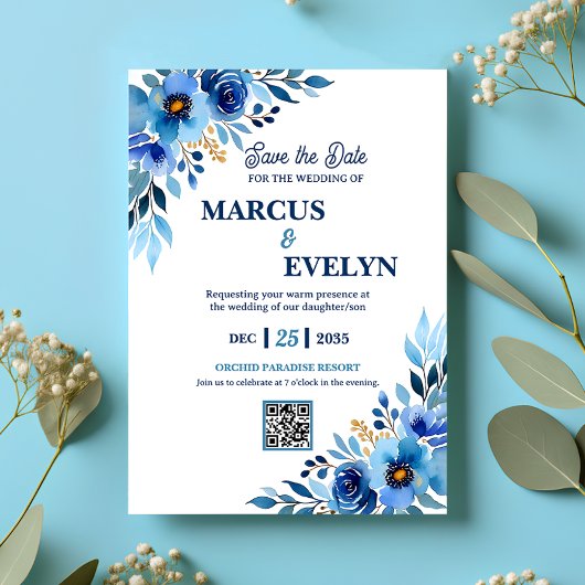 Faire-part de mariage d'aquarelle à main bleue