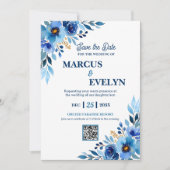 Faire-part de mariage d'aquarelle à main bleue (Devant)