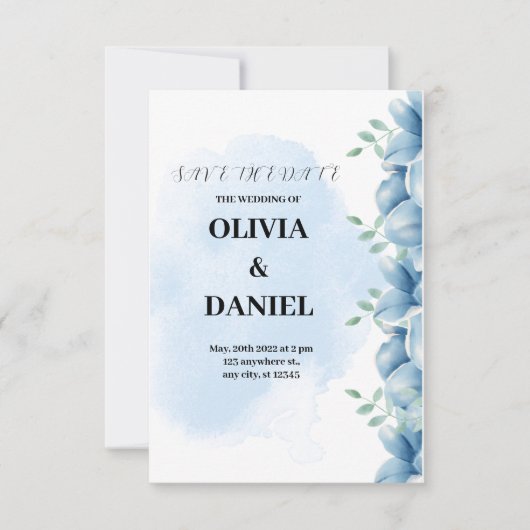 Faire-part de mariage d'aquarelle bleu (Devant)