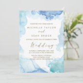 Faire-part de mariage d'aquarelle bleu (Debout devant)