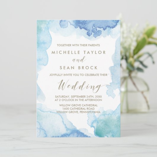 Faire-part de mariage d'aquarelle bleu (Debout devant)