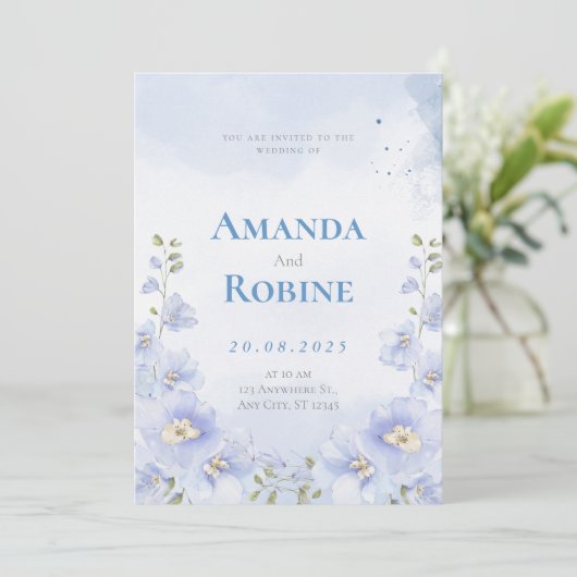 Faire-part de mariage d'aquarelle bleu (Debout devant)