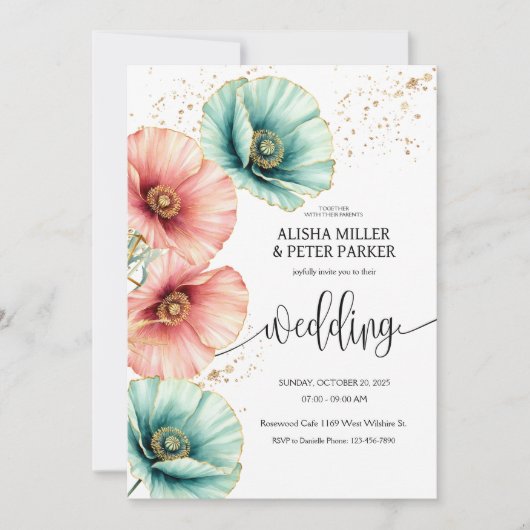 Faire-part de mariage d'aquarelle bleu et rose (Devant)