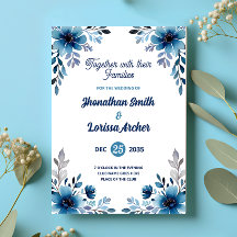 Faire-part de mariage d'aquarelle bleu fleuri de l