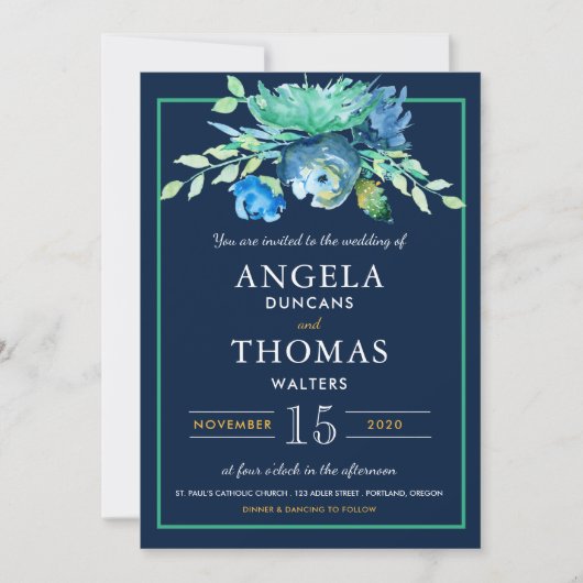 Faire-part de mariage d'aquarelle bleu marine (Devant)