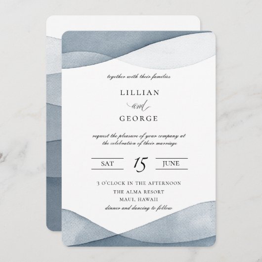 Faire-part de mariage d'aquarelle bleu plongé (Devant / Derrière)