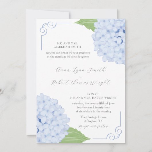 Faire-part de mariage d'aquarelle Blue Hydrangea (Devant)