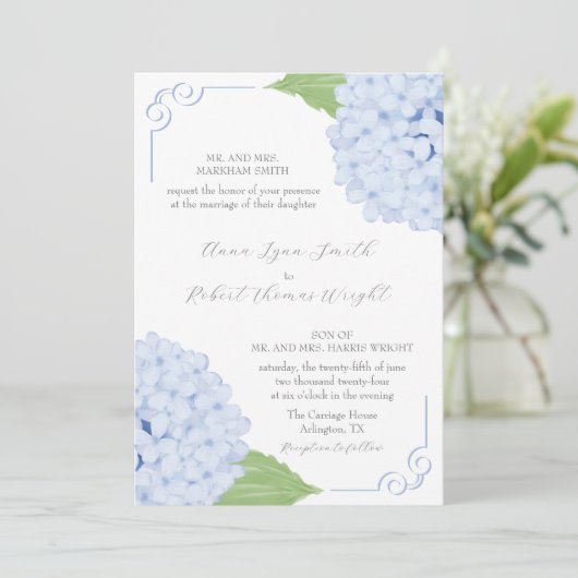 Faire-part de mariage d'aquarelle Blue Hydrangea (Debout devant)