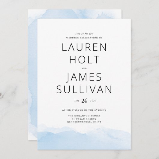 Faire-part de mariage d'aquarelle Blue Ombre (Devant / Derrière)