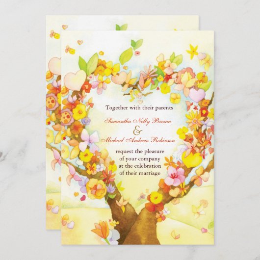 Faire-part de mariage d'aquarelle d'arbre de coeur (Devant / Derrière)