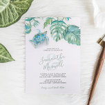 Faire-part de mariage d'aquarelle de la tortue de<br><div class="desc">Ce faire-part de mariage simple comprend vos noms dans une typographie manuscrite stylisée avec des détails d'événement dans une police serif gris charbon classique sur un arrière - plan blanc croustillant avec une arête supérieure de ma tortue de mer d'origine aquarelle et feuilles de palmier monstère dans les tons de...</div>