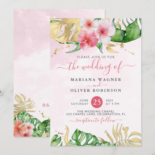 Faire-part de mariage d'aquarelle d'or floral trop (Devant / Derrière)