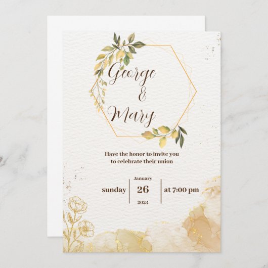 Faire-part de mariage d'aquarelle dorée minimalist (Devant / Derrière)