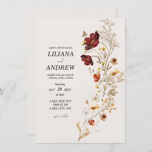 Faire-part de mariage d'aquarelle Fleur sauvage ru (Devant / Derrière)