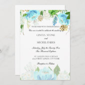Faire-part de mariage d'aquarelle florale bleu cie (Devant / Derrière)