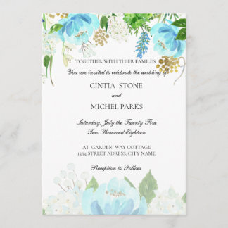 Faire-part de mariage d'aquarelle florale bleu cie