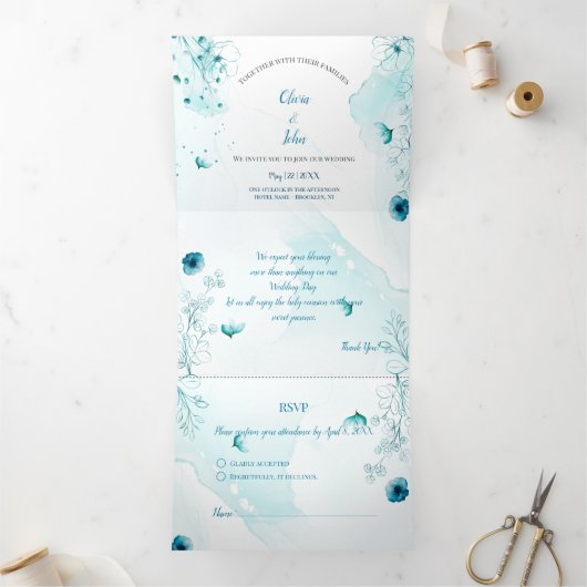 Faire-part de mariage d'aquarelle florale bleu per (Intérieur)
