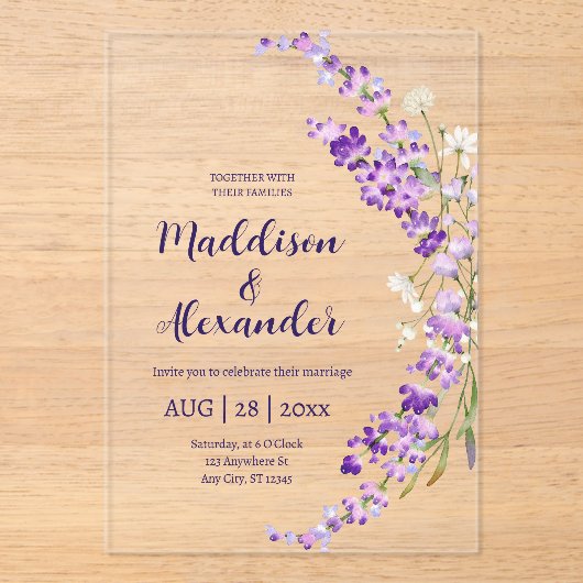 Faire-part de mariage d'aquarelle florale de lavan (Recto)