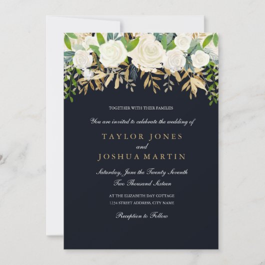 Faire-part de mariage d'aquarelle florale d'or Mar (Devant)