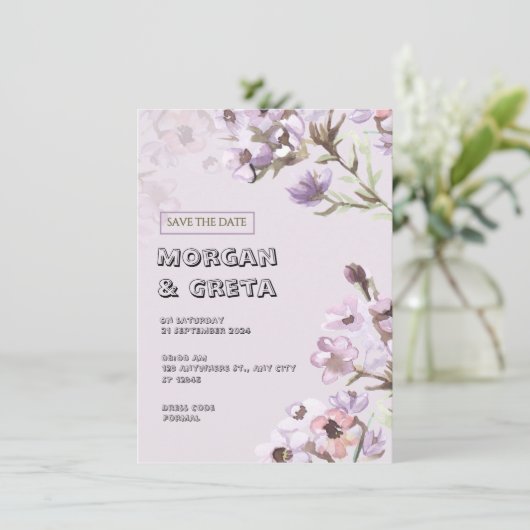 Faire-part de mariage d'aquarelle florale pourpre (Debout devant)