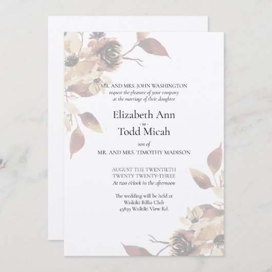 Faire-part de mariage d'aquarelle florale Sepia (Devant / Derrière)